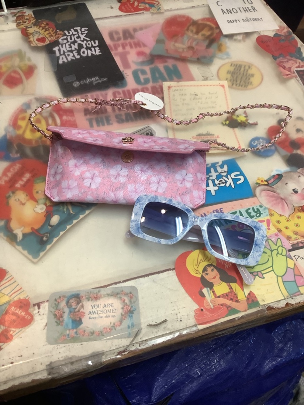 LoveShackFancy Pink Floral Chain Holder/Case for Sunglasses and Sunglasses